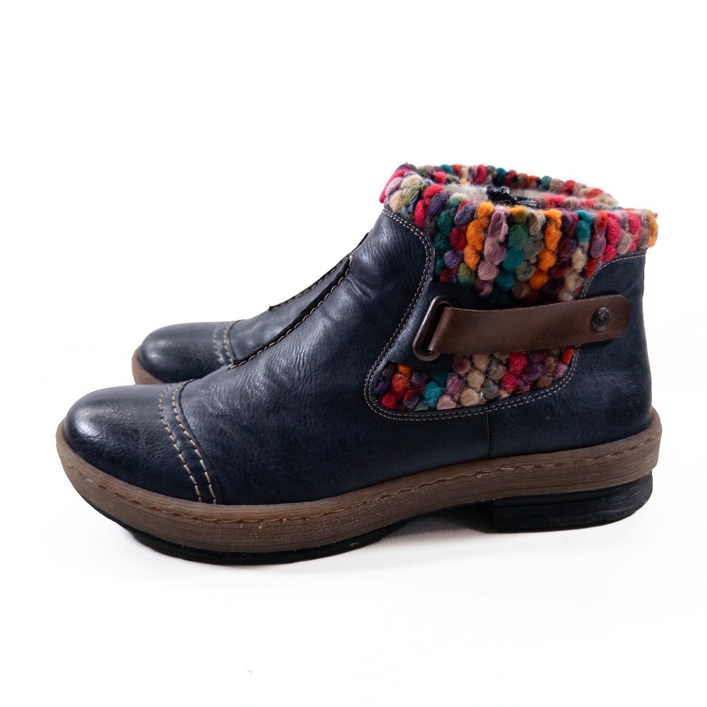Rieker Felicitas Ankle Boots Womens 40 8.5 Navy Blue Faux Leather Zip Yarn Trim - Picture 5 of 10